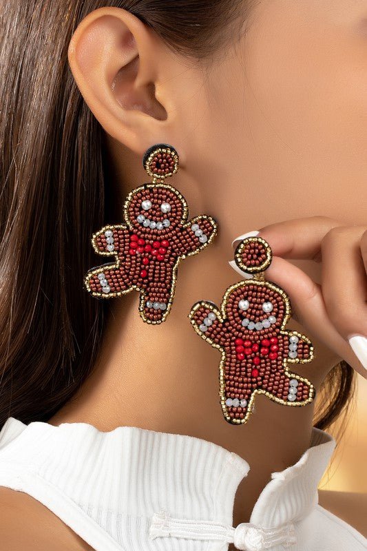 seed bead ginger bread man drop earrings - The Edit LLC