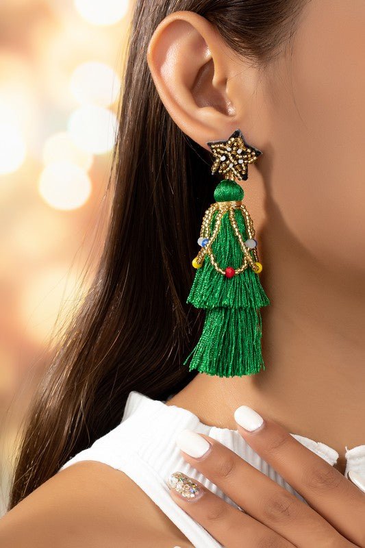 seed bead star and tassel Xmas tree drop earrings - The Edit LLC