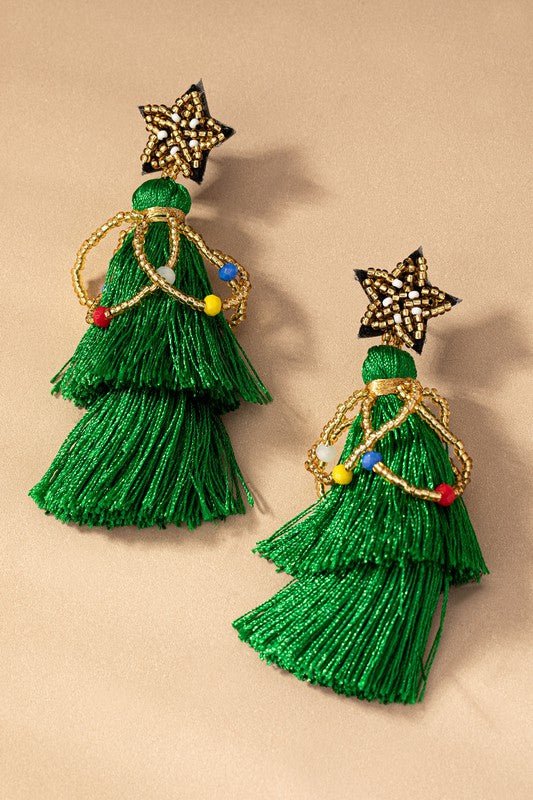 seed bead star and tassel Xmas tree drop earrings - The Edit LLC