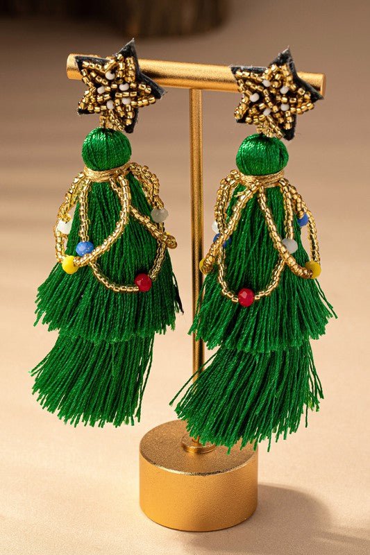 seed bead star and tassel Xmas tree drop earrings - The Edit LLC