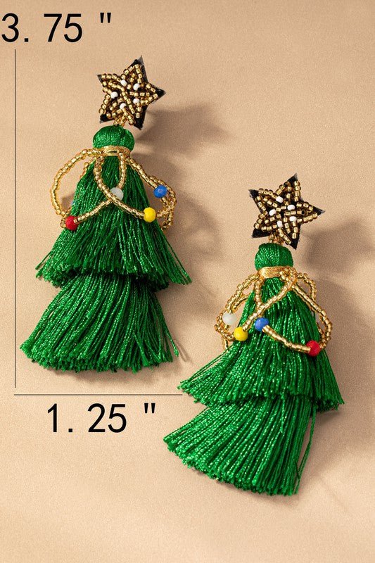 seed bead star and tassel Xmas tree drop earrings - The Edit LLC