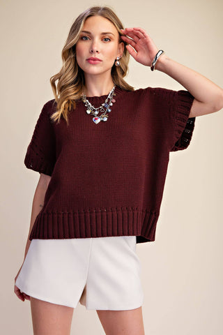 Short-Sleeve Crew-Neck Sweater: Brown / S - The Edit LLC
