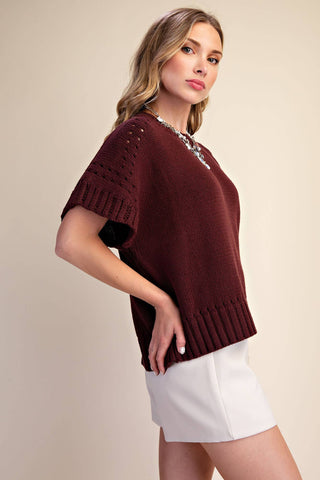 Short-Sleeve Crew-Neck Sweater: Brown / S - The Edit LLC
