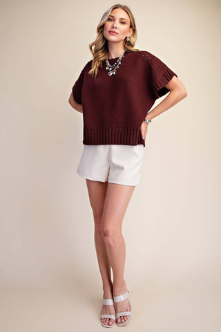 Short-Sleeve Crew-Neck Sweater: Brown / S - The Edit LLC