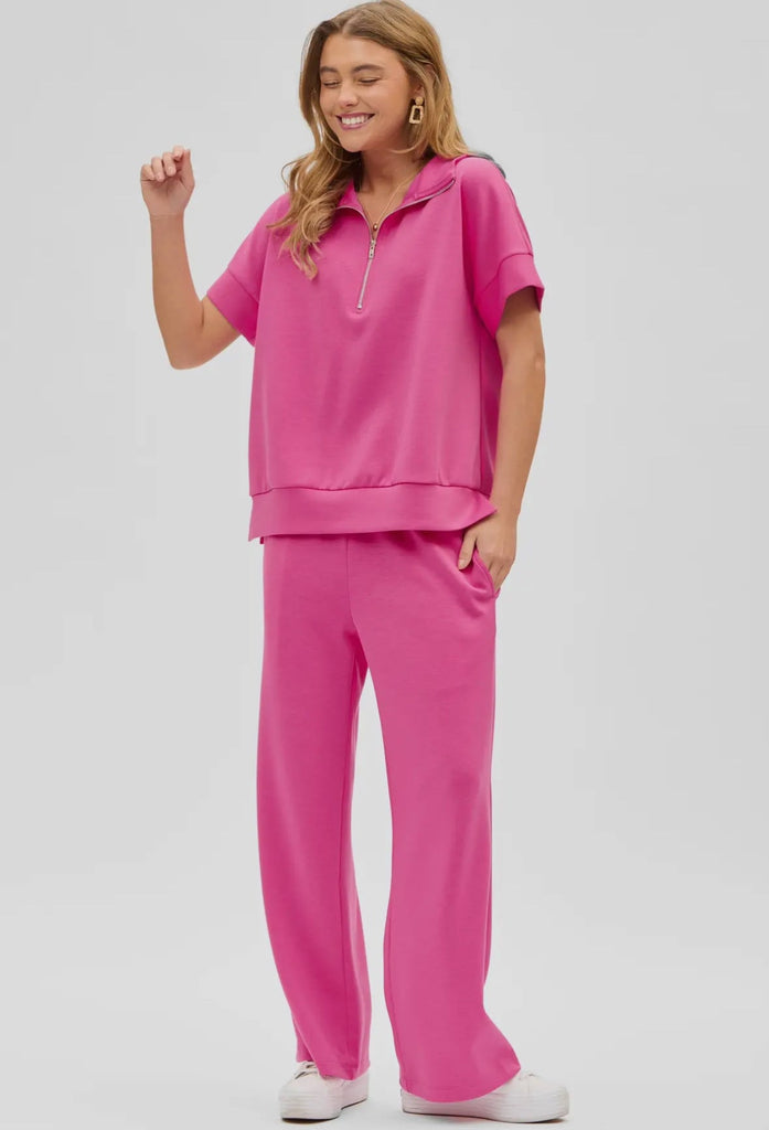 Short Sleeve Quarter Zip + Pants: Hot Pink - The Edit LLC