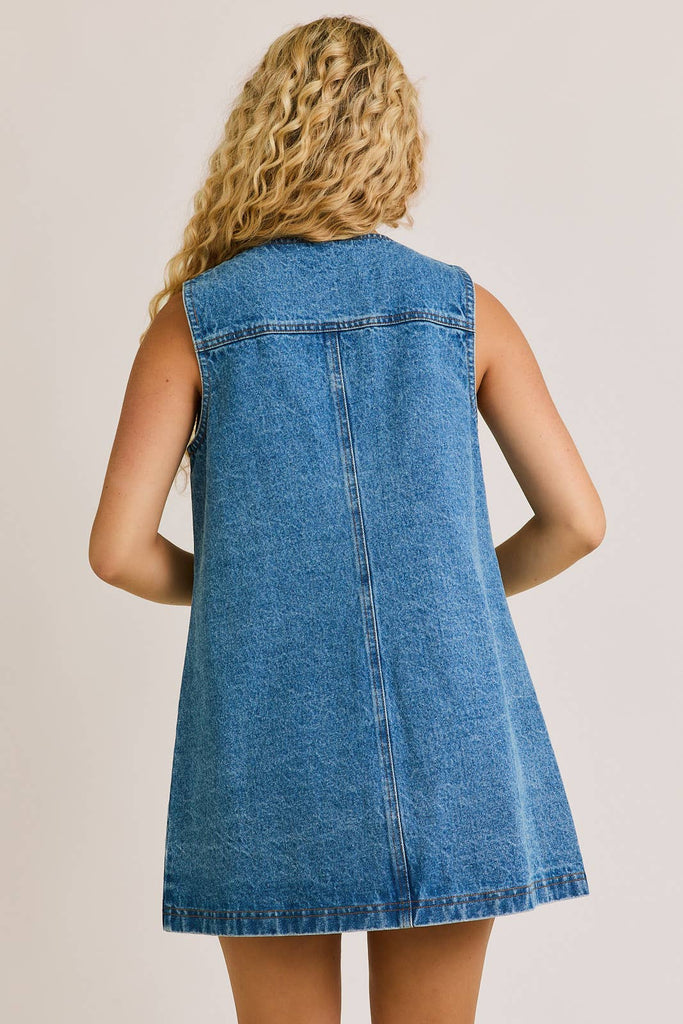 SLEEVELESS ROUND NECK BUTTON DOWN DENIM MINI DRESS - The Edit LLC
