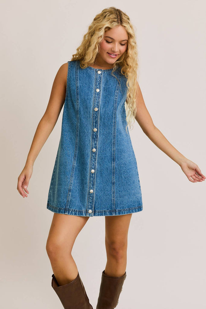 SLEEVELESS ROUND NECK BUTTON DOWN DENIM MINI DRESS - The Edit LLC