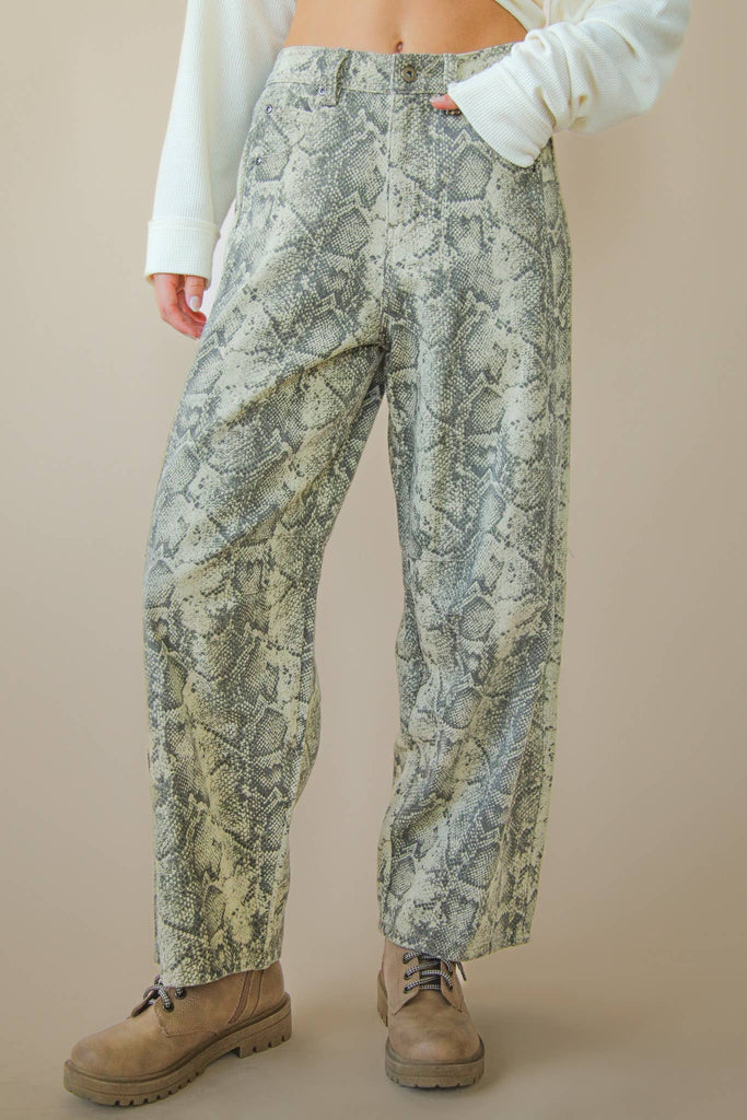 Snake Printed Barrel Pants: BEIGE SNAKE - The Edit LLC