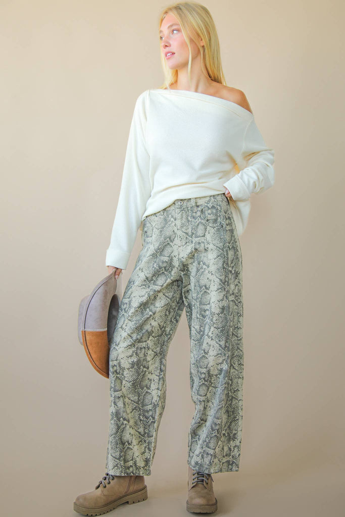 Snake Printed Barrel Pants: BEIGE SNAKE - The Edit LLC