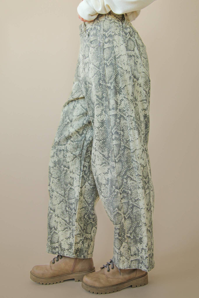 Snake Printed Barrel Pants: BEIGE SNAKE - The Edit LLC