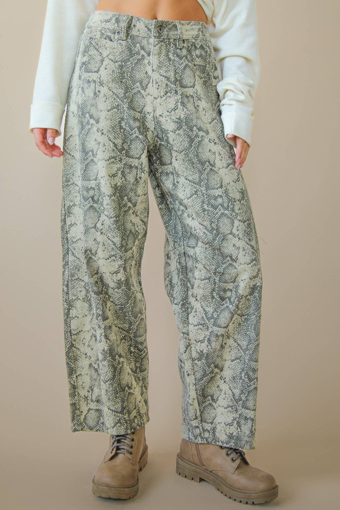 Snake Printed Barrel Pants: BEIGE SNAKE - The Edit LLC