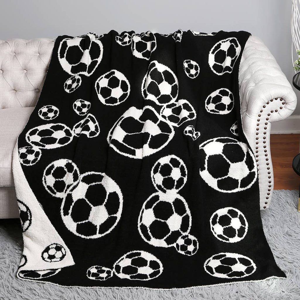 Soccer Ball Print Cozy Soft Throw Blanket: Black / ONE SIZE - The Edit LLC