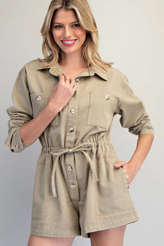 Solid Button Down Romper - Dry Herb - The Edit LLC