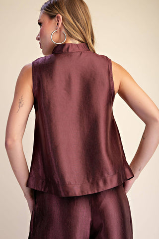 Stand Collar Slit V-Neck Sleeveless Top: Burgundy / S - The Edit LLC