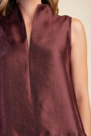 Stand Collar Slit V-Neck Sleeveless Top: Burgundy / S - The Edit LLC