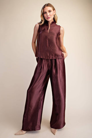 Stand Collar Slit V-Neck Sleeveless Top: Burgundy / S - The Edit LLC