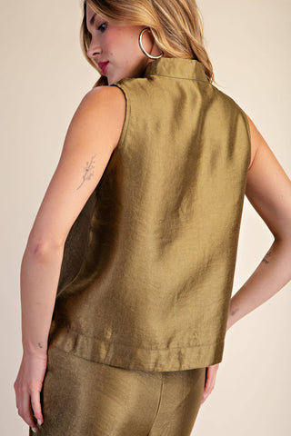 Stand Collar Slit V-Neck Sleeveless Top: Olive / S - The Edit LLC
