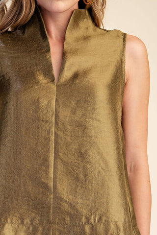 Stand Collar Slit V-Neck Sleeveless Top: Olive / S - The Edit LLC