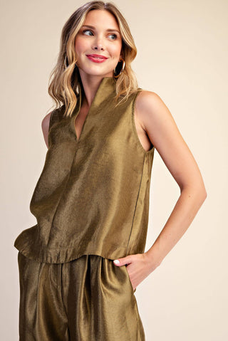 Stand Collar Slit V-Neck Sleeveless Top: Olive / S - The Edit LLC