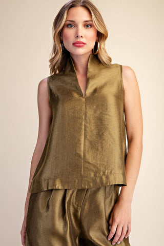 Stand Collar Slit V-Neck Sleeveless Top: Olive / S - The Edit LLC