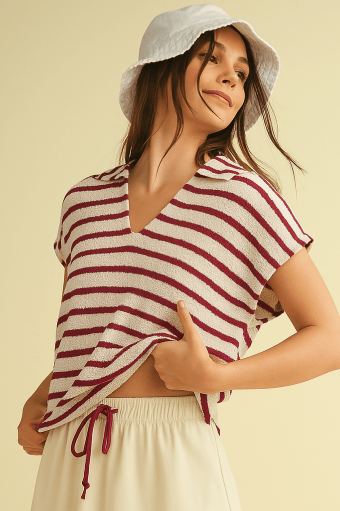 STRIPED COLLARED V NECK TOP: Burgundy - The Edit LLC