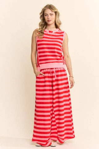 Striped Knit Wide-Leg Pants Set: PINK RED / S-M-L(2-2-2) - The Edit LLC