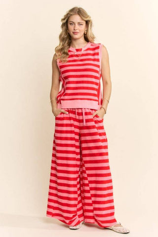 Striped Knit Wide-Leg Pants Set: PINK RED / S-M-L(2-2-2) - The Edit LLC