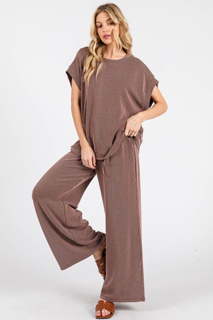 Striped Rib Knit Lounge Set: BROWN - The Edit LLC