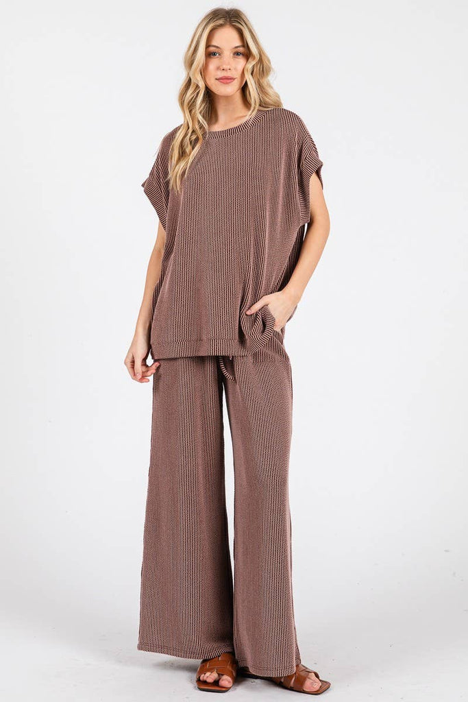 Striped Rib Knit Lounge Set: BROWN - The Edit LLC