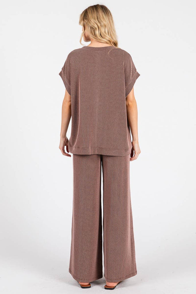 Striped Rib Knit Lounge Set: BROWN - The Edit LLC