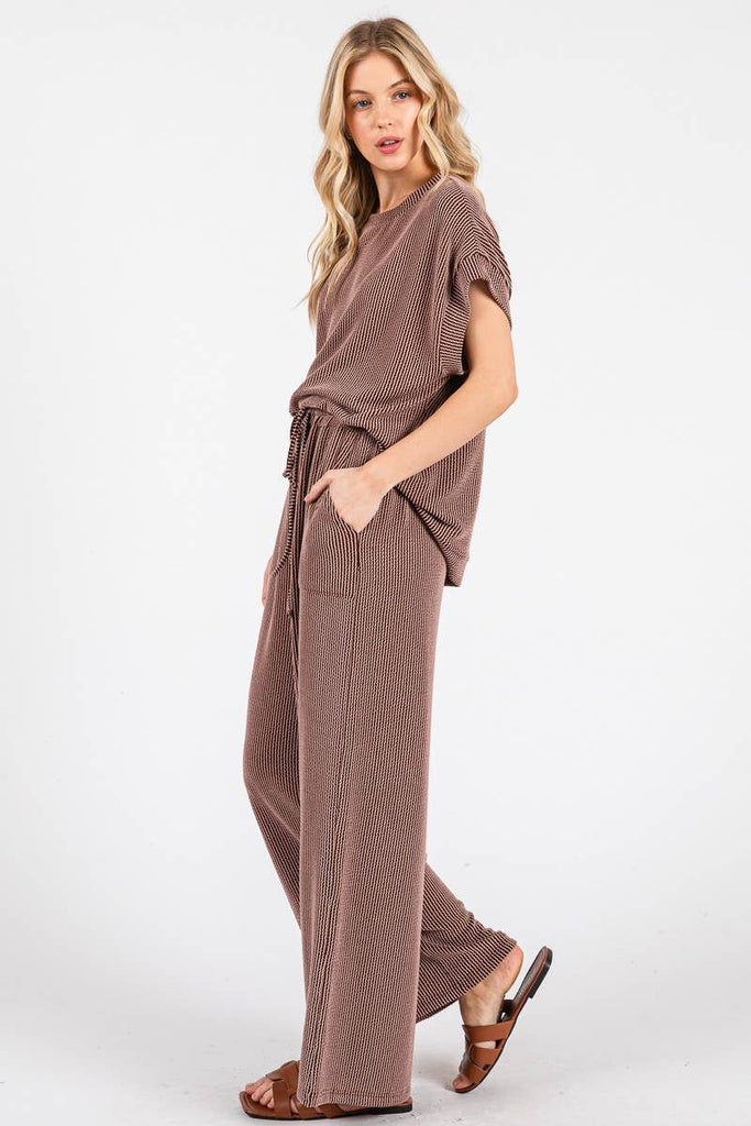Striped Rib Knit Lounge Set: BROWN - The Edit LLC