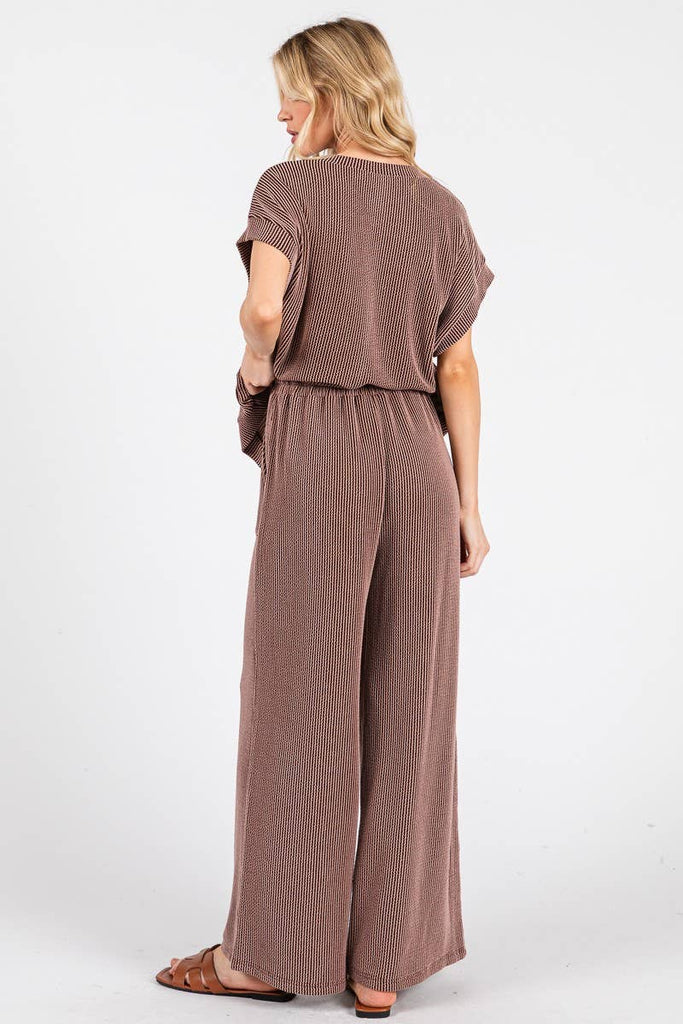 Striped Rib Knit Lounge Set: BROWN - The Edit LLC