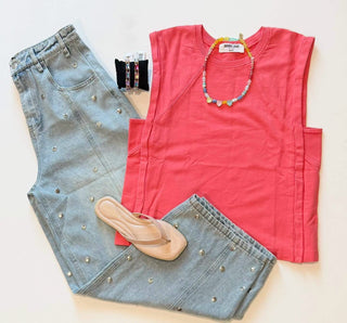 STUDDED BARREL DENIM PANTS : LIGHT DENIM - The Edit LLC