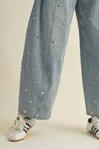 STUDDED BARREL DENIM PANTS : LIGHT DENIM - The Edit LLC