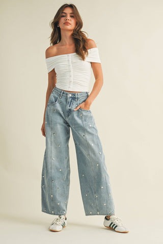 STUDDED BARREL DENIM PANTS : LIGHT DENIM - The Edit LLC