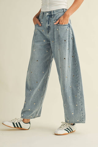 STUDDED BARREL DENIM PANTS : LIGHT DENIM - The Edit LLC