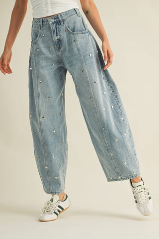STUDDED BARREL DENIM PANTS : LIGHT DENIM - The Edit LLC