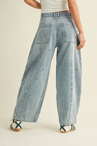 STUDDED BARREL DENIM PANTS : LIGHT DENIM - The Edit LLC