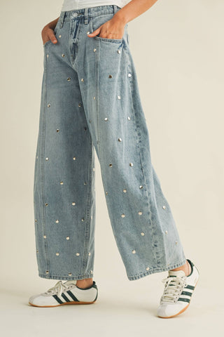 STUDDED BARREL DENIM PANTS : LIGHT DENIM - The Edit LLC