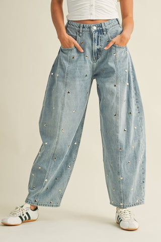 STUDDED BARREL DENIM PANTS : LIGHT DENIM - The Edit LLC