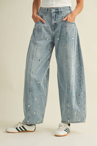 STUDDED BARREL DENIM PANTS : LIGHT DENIM - The Edit LLC