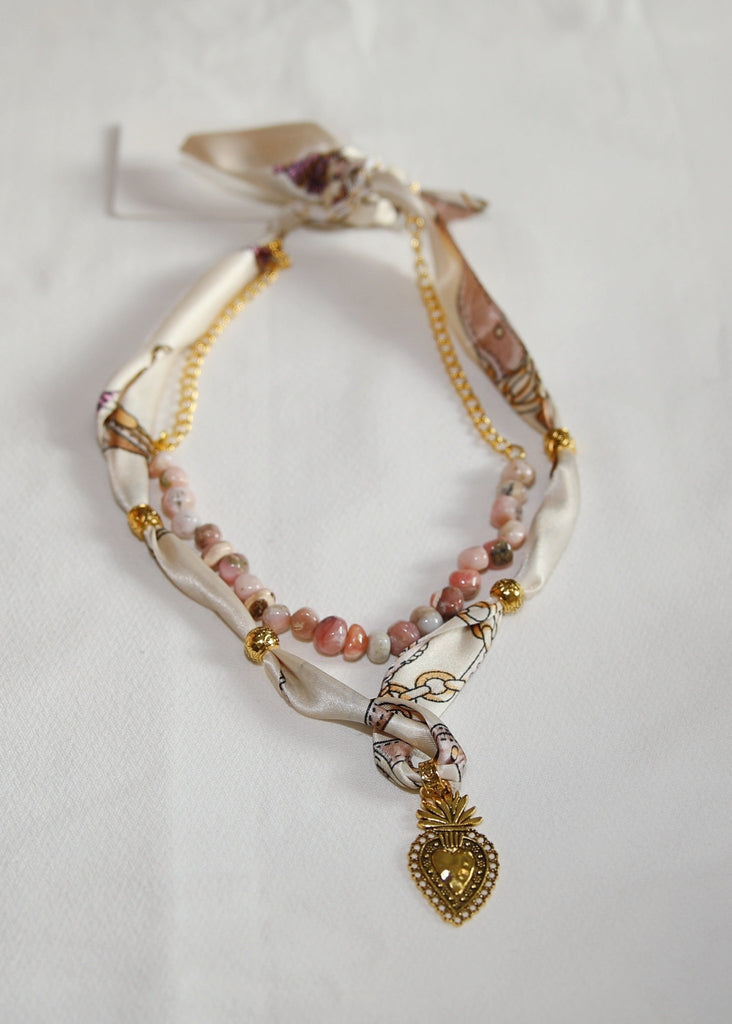 Tan Stone Beaded Heart Scarf Necklace - The Edit LLC