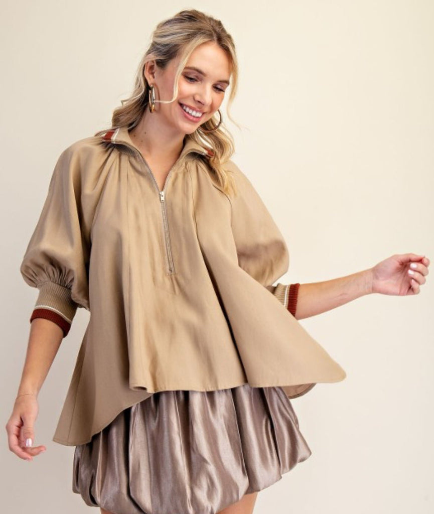 Taupe Banded Puff Sleeve Blouse - The Edit LLC