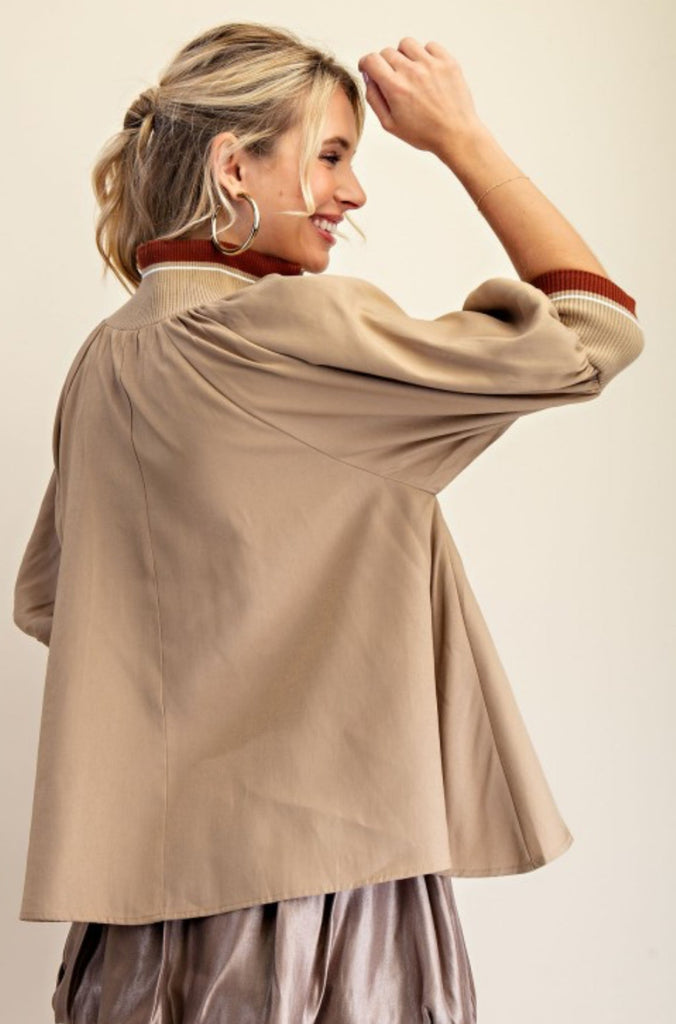 Taupe Banded Puff Sleeve Blouse - The Edit LLC