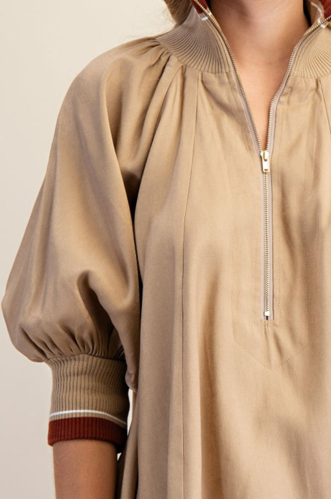 Taupe Banded Puff Sleeve Blouse - The Edit LLC