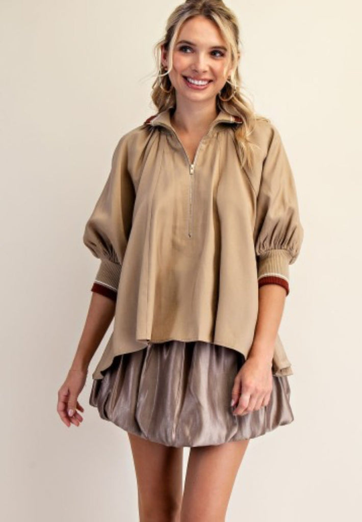 Taupe Banded Puff Sleeve Blouse - The Edit LLC