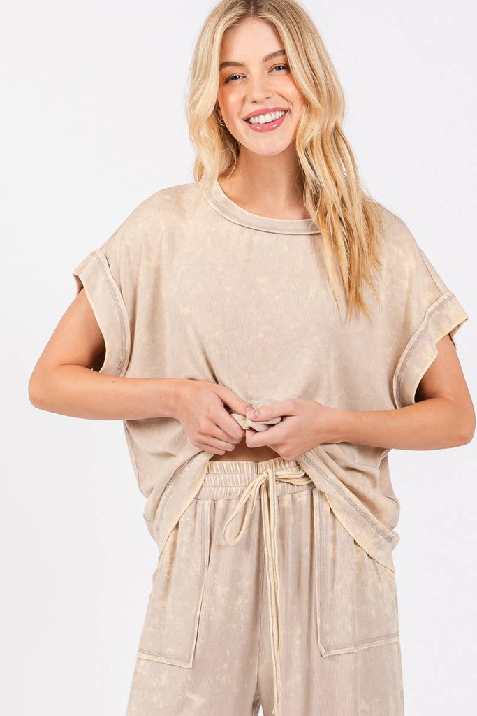Taupe MINERAL WASHED TOP AND PANTS RIB SETS - The Edit LLC