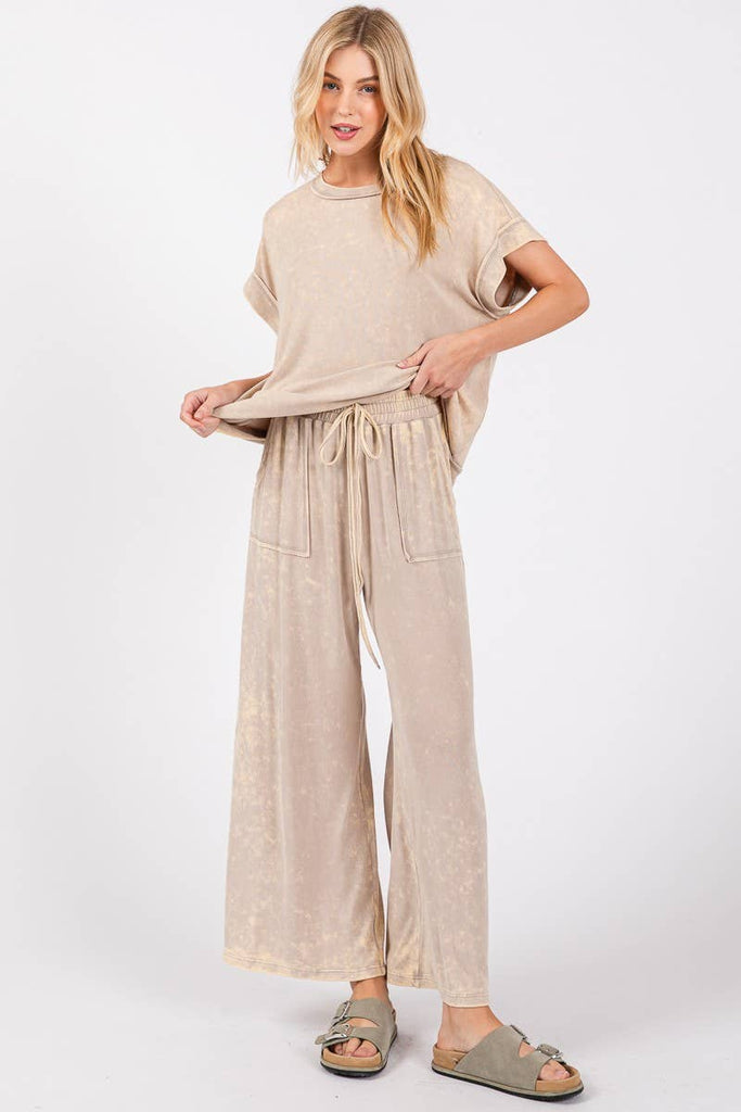 Taupe MINERAL WASHED TOP AND PANTS RIB SETS - The Edit LLC