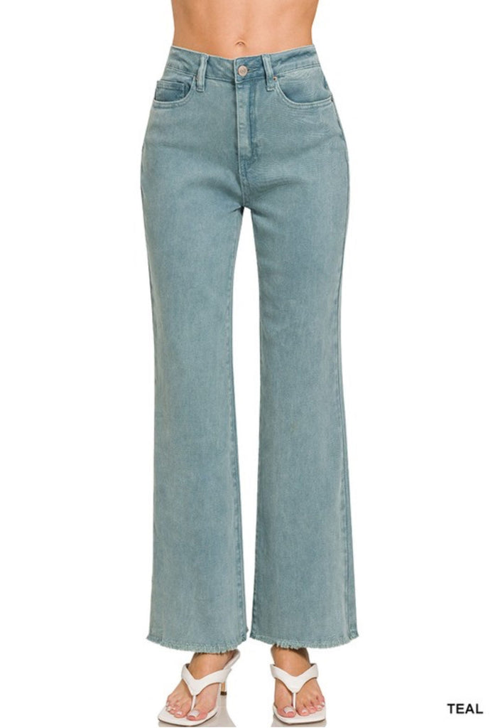 Teal Frayed Acid Wash Jeans - The Edit LLC