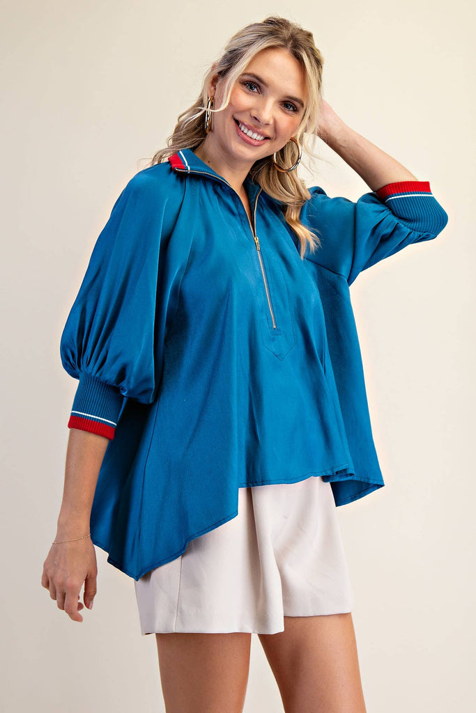 Teal Mock Neck Band Puff Sleeve Blouse - The Edit LLC